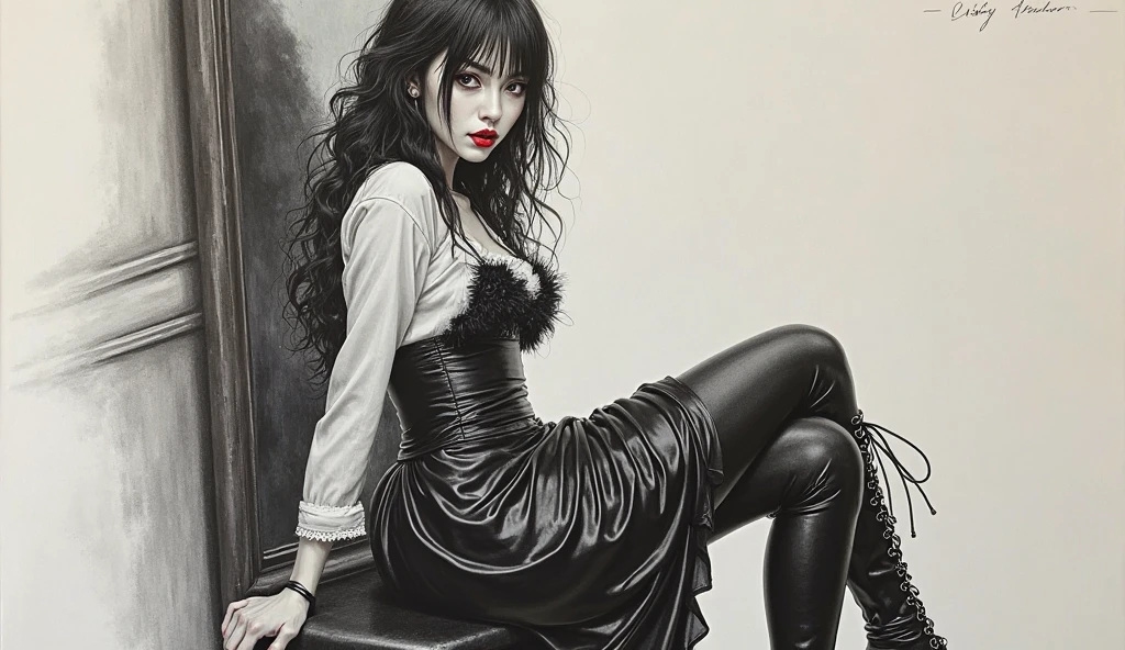 black and white tones:1.3, masterpiece, best quality, tradition chinese ink watercolor paintings:1.2, use thick and light inks to create light and dark changes and layers, a beautiful 20s french model, ultra detailed face