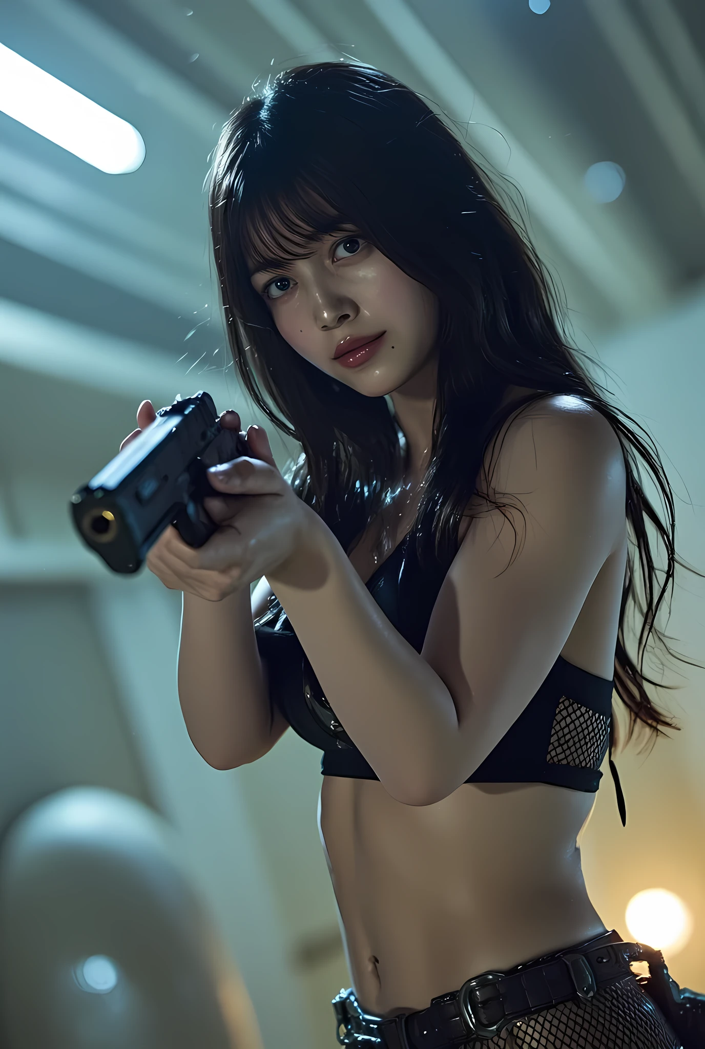Aqui está o prompt atualizado:
```json
{
"prompt": "A cyborg with the face resembling Angelina Jolie lying on a bed in a high-tech laboratory. Half of her face is cybernetic. She is wearing a cybernetic bikini. The image is in ultra HD with a 16:9 aspect ratio.",
"size": "1792x1024"
}
```