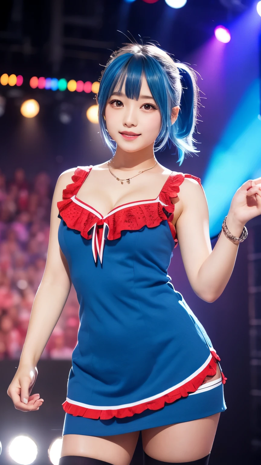 Best Quality, Masterpiece, Ultra High Resolution, (Realism: 1.4), Original Photo, 1girl, (Sailor Moon: 2.1) ((Ami Mizuno/Sailor Crystal, Sailor Mercury)), a blue headdress with a small white crystal decoration in the middle, charming smile, short hair, short blue hair, vibrant blue eyes, short skirt, looking at the audience, , pool in the background, dynamic pose