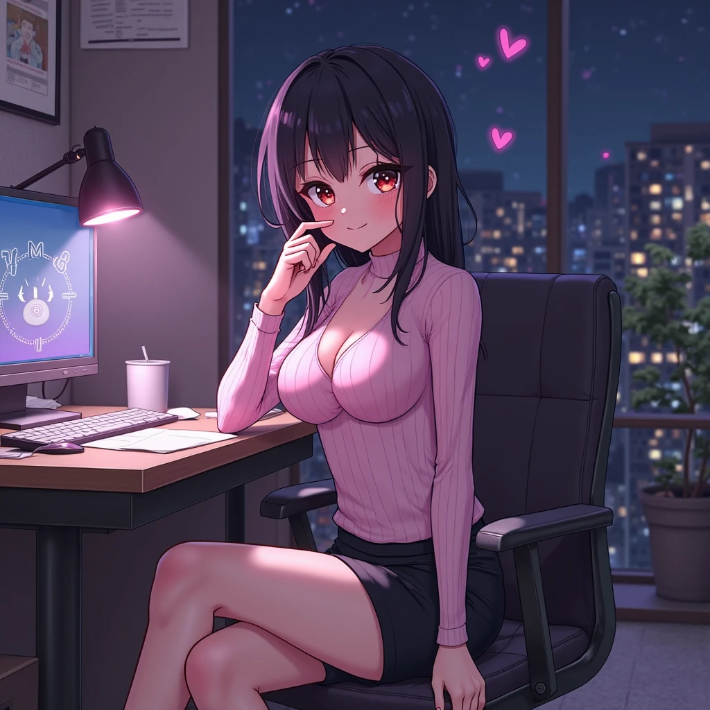 (best quality, masterpiece), 1girl, (yor briar: 1.2), black hair, headband, red eyes, pose, (in an office), windows at night with a cityscape, looking at viewer, beautiful woman, sexy, flirty, trying to be seductive but embarrassed, blushing, nsfw, secretary, skirt suit, navy skirt, navy pantyhose, slender, long legs, (small breasts: 1.2), white collared shirt, (shirt pulled open), (no bra), pink nipples, ((pale skin)), sitting on a desk