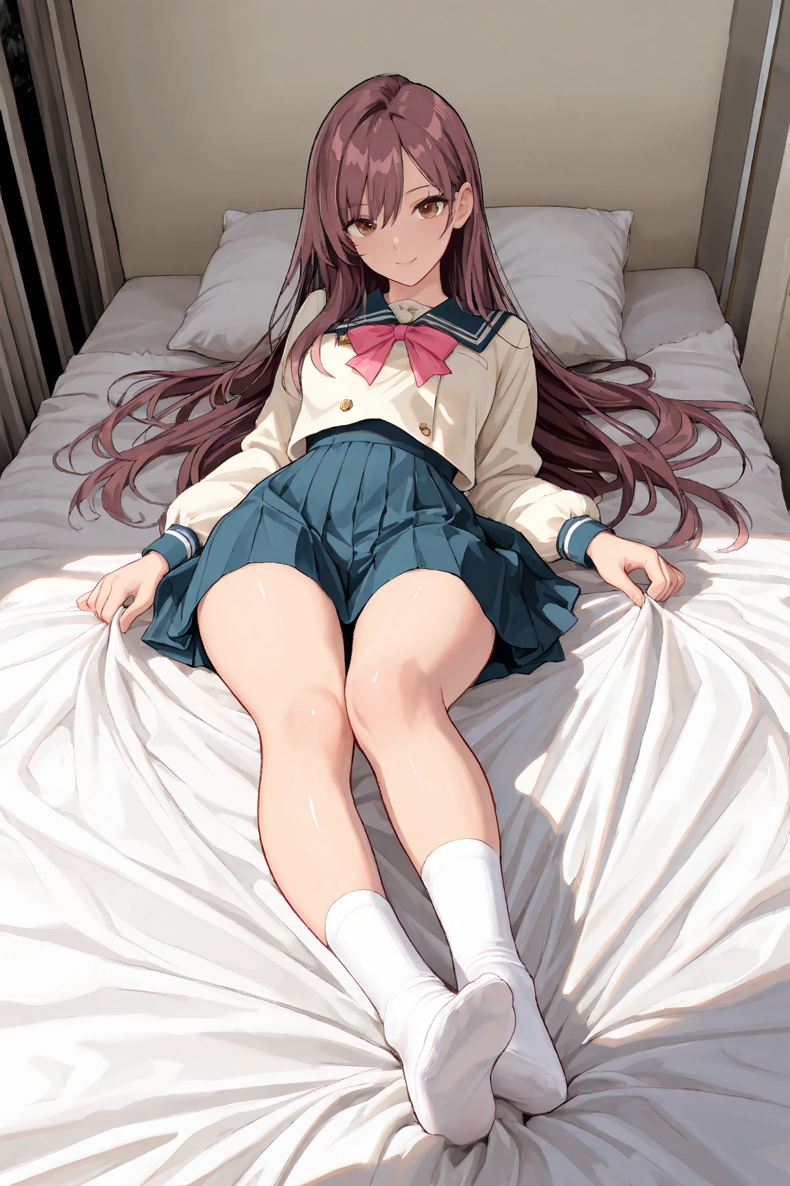 Beautifull  with the appearance of Monika from game doki doki literature club wear nothing lay on the bed with legs spread apart in different directions and with an open view of her pussy