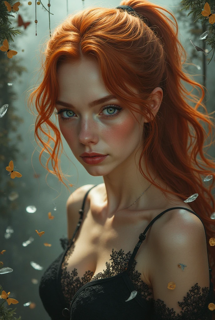 (solo, full body photo:1.3), (action packed:1.3), (haze, fog, mist:1.3), chiaroscuro, best quality, photorealistic, 1woman, (cute), (24yo:1.2), redhead, long ginger hair highly detailed, 1700'S, digital photography, art by artgerm and ruan jia and greg rutkowski surreal painting gold butterfly filigree, broken glass, (masterpiece, sidelighting, finely detailed Fashionable eyes: 1.2) (perfect oval large eyes that gazes at the viewer), beautiful detailed face, blue gorgeous perfect eyes, (blonde hair ponytail), (attractive young woman:1.3), (thick amazing hair), (seductive:1.1), (blushing:1.1)