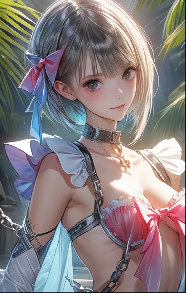(((SFW、Highest quality、 first class masterpiece 、 Normal Body 、32k、 Detailed Faces 、super precise、 normal hand、5refer to、Highest)))Shirai Hinako、Magical Girl、 Silver Hair、bob cut、Glowing Hair、beautiful breasts、slender、 slim、Petite、 can be used、masochist、(((Chain Lead Slave Iron Collar:1.3)))、(((heavy metal collar)))、chain-underwear 、Nippleclamp Chain、embarrassed blush、In the sea、 completely naked、Poses suitable for、Pleasure face、 Prodigal Face、slaves in a jungle where no one is there、The lead on the collar is happily pulled、 put your hands on your back、A lot of chains