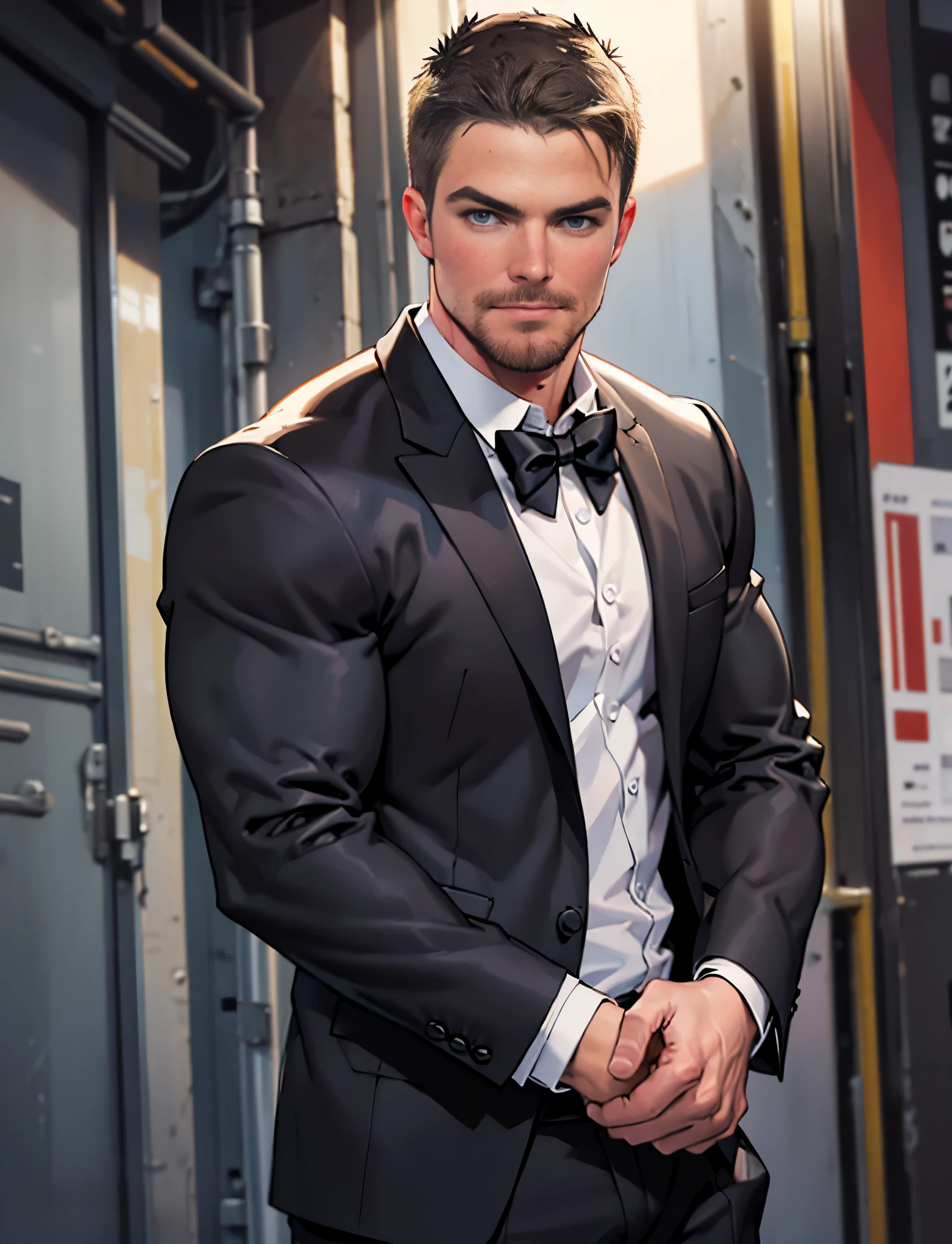 Solo man, suave secret agent, lean muscle man, the hunk ((( Stephen AMELL))), charming, attractive, black tuxedo with a black bow tie white shirt, mysterious aura, volumetric lighting, depth of field, best quality
