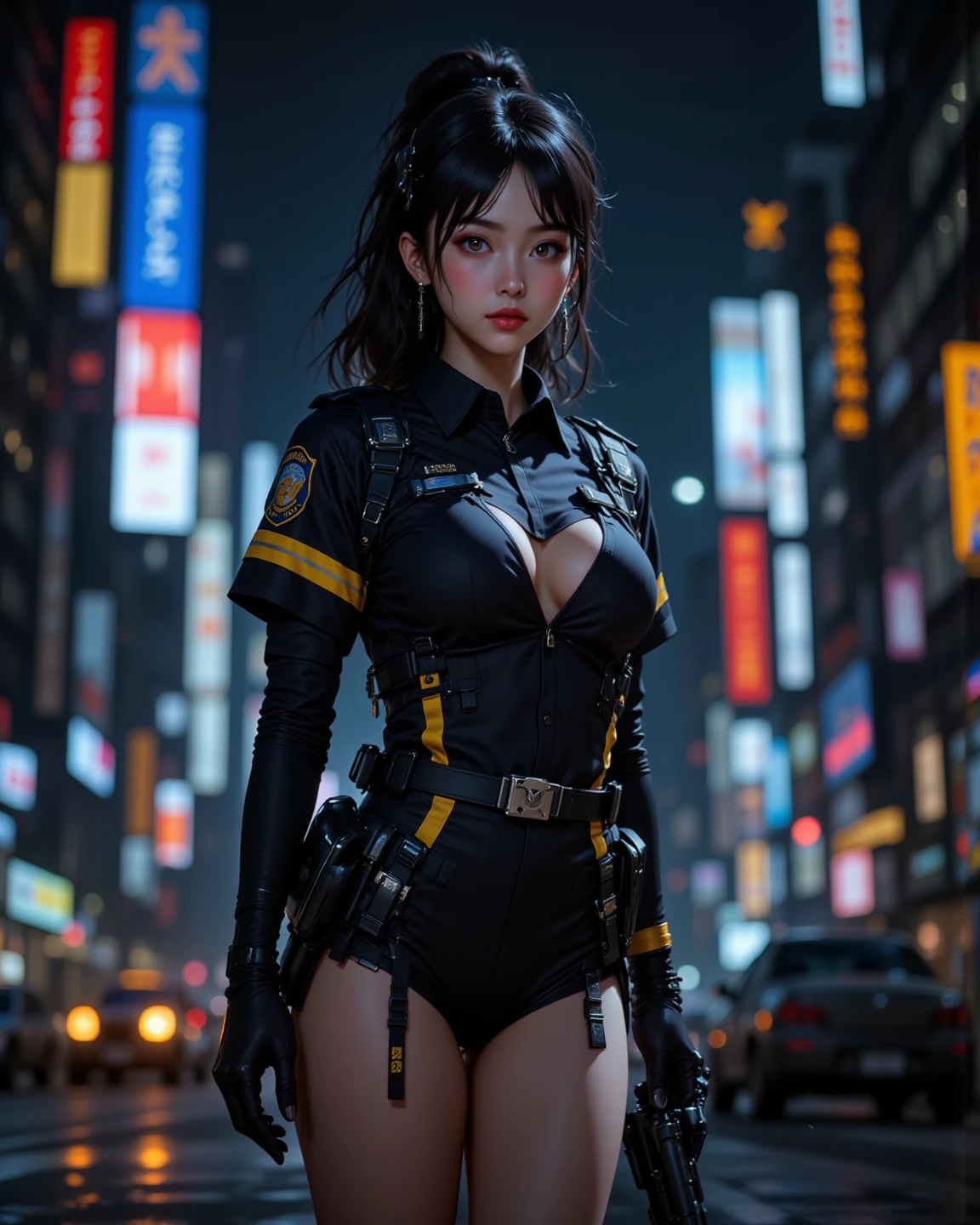 CFqingyaLHWZ, 1girl, 独奏, brown hair, Green eyes, 가슴, Bodysuit,looking a viewer, lips, Average Breasts,, twintails, Bangs,thigh holster,Hair Bow, urban landscape, night time, mature female, ((sexypose, sexually dressed)), 8K, (skin texture:1.1), (Sweaty Body 1.1), (Skin Shine 1.1), (highly detail face:1.1), High detail of the body, highly detailed clothes, (Masterpiece), (Realistic), extra high resolution, 8K, extra high resolution, Film grain, Cinematic lighting, rim lighting, photo by Arnie Freytag