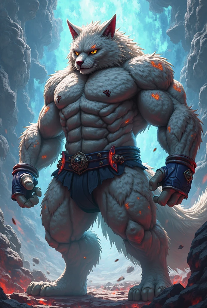 nj5furry, ( albino, Leomon, massive, huge), albino Leomon, ((extremely realistic shadows, masterpiece, extremely detailed, photorealistic)), kemono, silver mane, Leomon albino, ((detailed face)) nose, blue eyes, ((detailed eyes)), white skin, white fur, white hair, height 3 meters high, the optimal height, 300 lbs, Gigachad, tight clothing, body full of muscles; muscle and bulge pecs, ripped abs, V-shaped body, thick waist, long legs, strong arms manly, handsome face, attractive cool calm face type with a cold smile, topless. Snow forest, night, moon, moon rays, nebula; he wears a white cloth loincloth revealing huge muscular thighs.