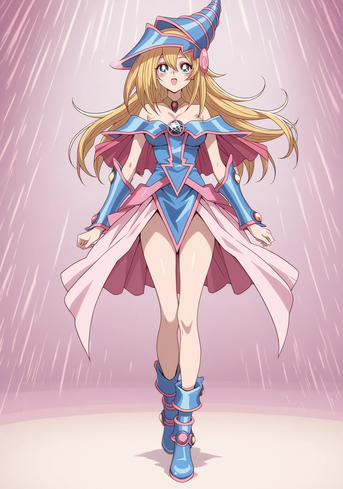 blue costume on the chest、 blue hat。short pink cloak、blue boots
