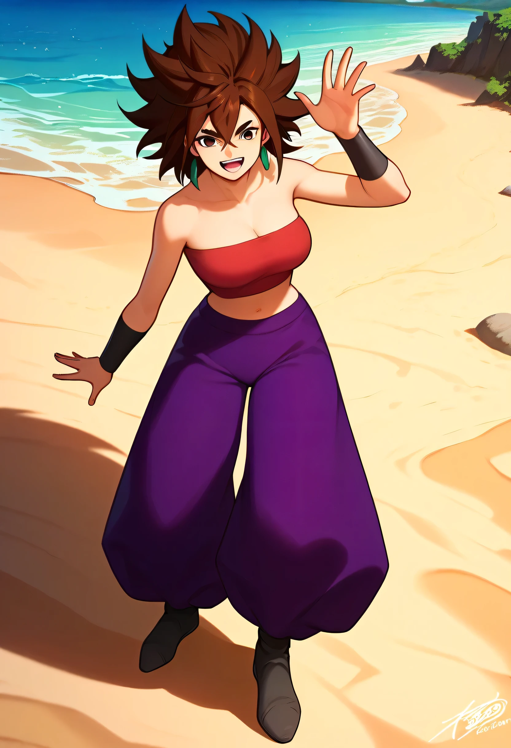 score_9, score_8_up , score_7_up , score_6_up ,source_anime, 1girl , Alone,
KYOMOMO, brown hair, brown eyes, medium hair, hair between eyes, thick eyebrows, earrings, large breasts, tube top, purple pants, bracers, shoes
standing,happy, looking at viewer,
,beach,