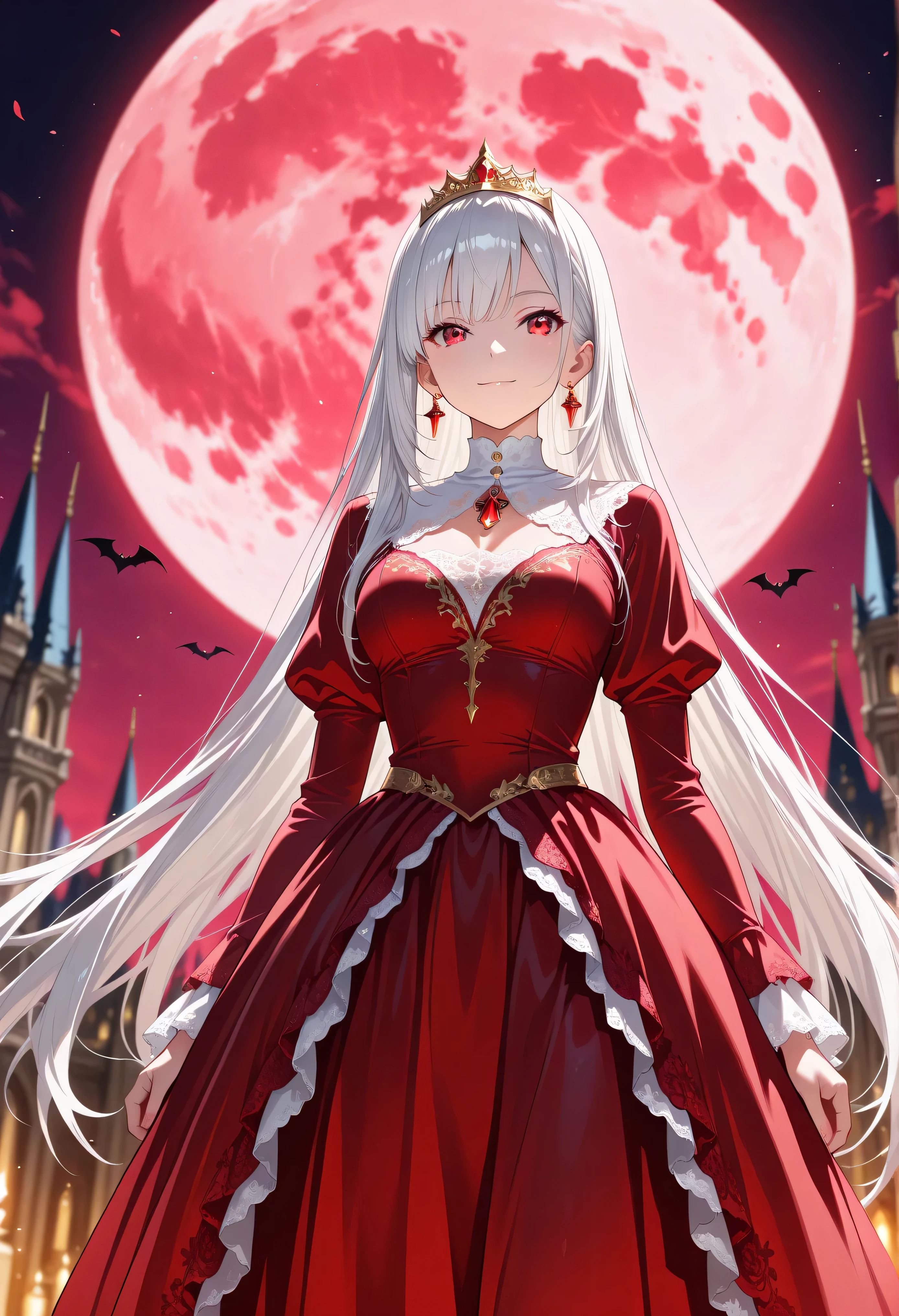 official art, ,((High Construction)) ,Hi-Res CG Unity 8K Wallpaper, super high accuracy , high accuracy , Half photo , Silk Embroidery and Film Grain , Best Quality ,8k, viewer , ((masterpiece)), ((Best Quality )), (high accuracy ), ((high accuracy)), (beautiful), amazing shading, cinematic lighting, high resolution , absurdres , hyper-detailed , realism , depth of field, extremely clear image , contrasts of light and shadow , 2 . 5D , artistic photography , hyper realistic
,booster ,detailer ,Design ,,High Construction ,BREAK
vampire girl ,light smile ,dark castle ,red moon ,at night ,BREAK ,white hair ,long straight hair ,red eyes ,Crimson Dress ,White embroidery, Gold tiara with red jewels, Red gemstone earrings ,