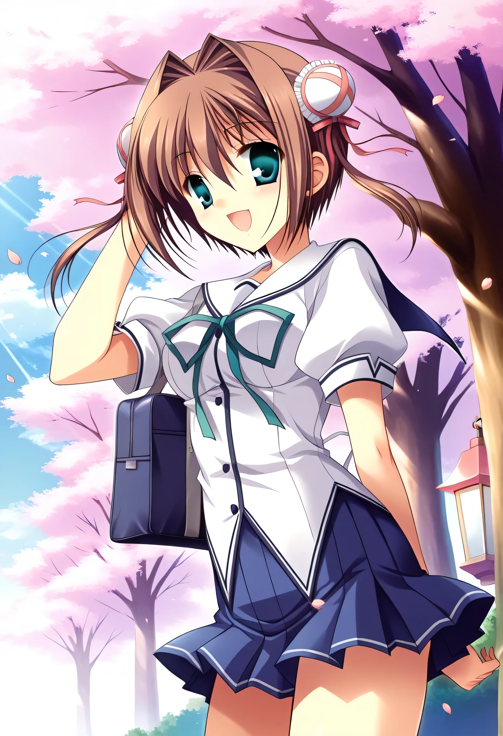 yume,score_9,score_8_up,score_7_up,sauce_anime,1 girl,(small medium breasts),day,close one eye,standing,hand in own hair,white school uniform,serafuku,short sleeves,Lantern sleeves,blue pleated miniskirt,school bag,tree,cherry blossoms,petals,smile,:d,