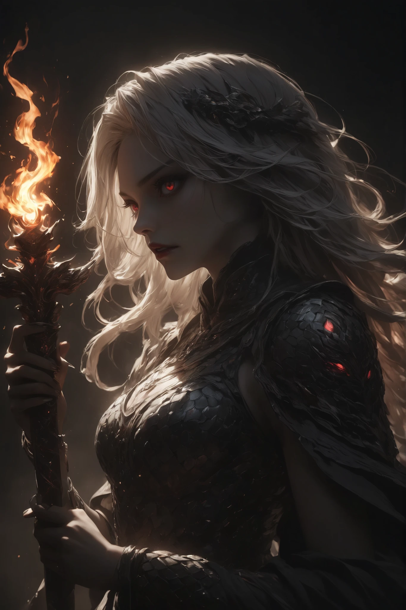 (masterpiece, best quality:1.2),a beautiful witch who handles flame of sword,the witch\(long white hair,sharp eyes,red eyes,silver metallic snake scale armor\),simple background,[[dark horror essence]], Flame,dynamic scene,cinematic light,shading and contrast,hard brush works,intricate art work,detailed illustration,hand written sketch
              