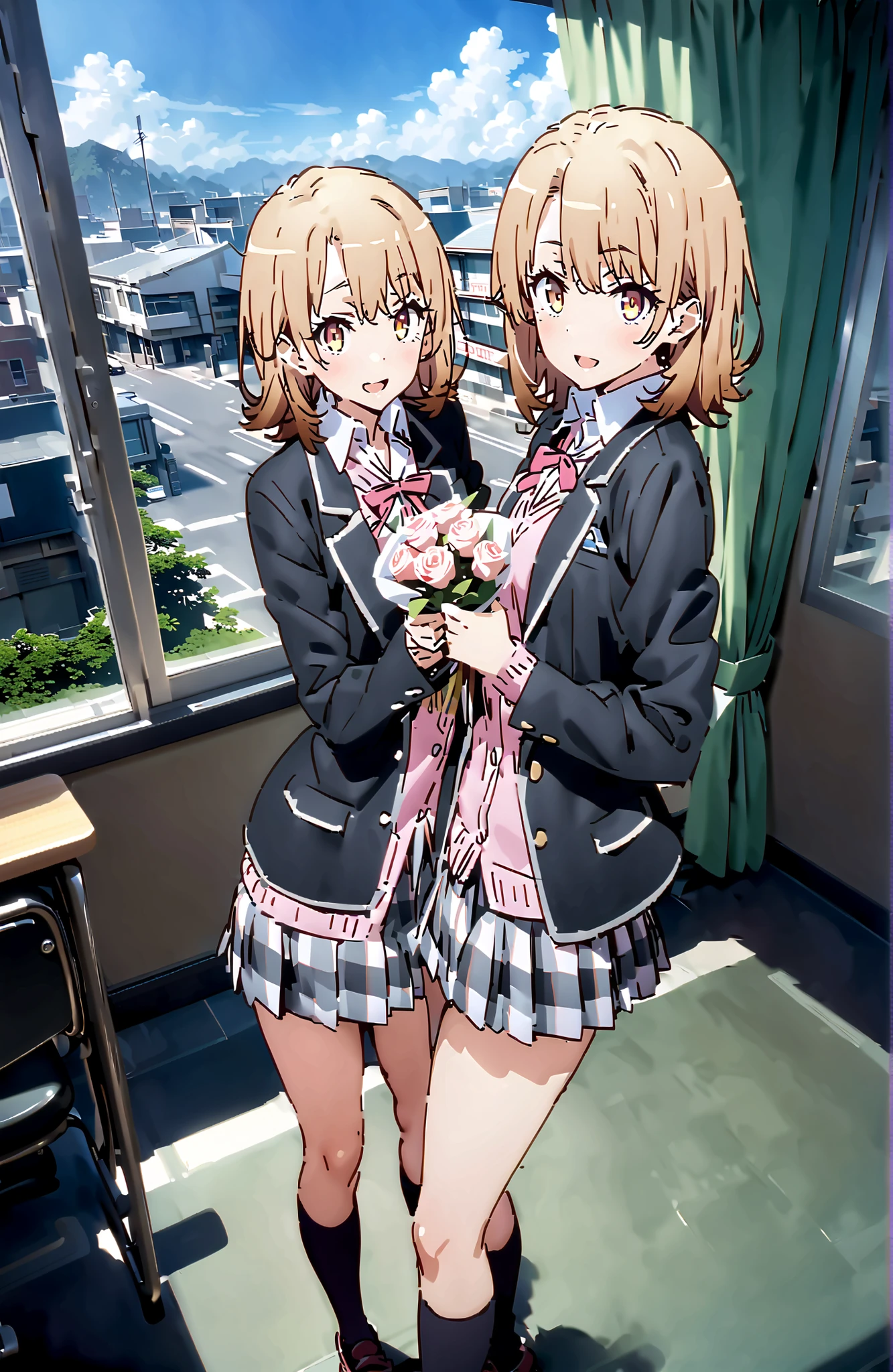 Irohaisshiki, Ishizaki Iroha, solo,short hair, brown eyes,brown hair,smile,blush,open your mouth,skirt for ears, shirt, ribbon, uniform, jacket, white shirt, opens clothes, open jacket, black jacket, plaid, plaid skirt for ears, blazer, cardigan, Black socks, pink cardigan, sobu high uniform, black high socks,Holding a bouquet with both arms,standing,Beautiful Scenery, Beautiful Streetscapes,noon,curtains,window,machine,chairs,blackboard,full bodyがillustrationsに入るように,break indoors, Classroom,
break looking at viewer,full body,
break (masterpiece:1.2), top quality, high resolution, Unity 8k 壁紙, (illustrations:0.8), (beautiful detailed eyes:1.6), Highly Detailed Faces, perfect lighting on the table, extremely detailed CG, (perfect hand, perfect anatomy),