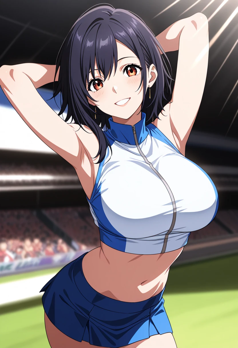 michirutojo, masterpiece, Looking at Viewer,
blue hair, large breasts,

racing suit,
Wink, Smile, Open mouth, blush,
