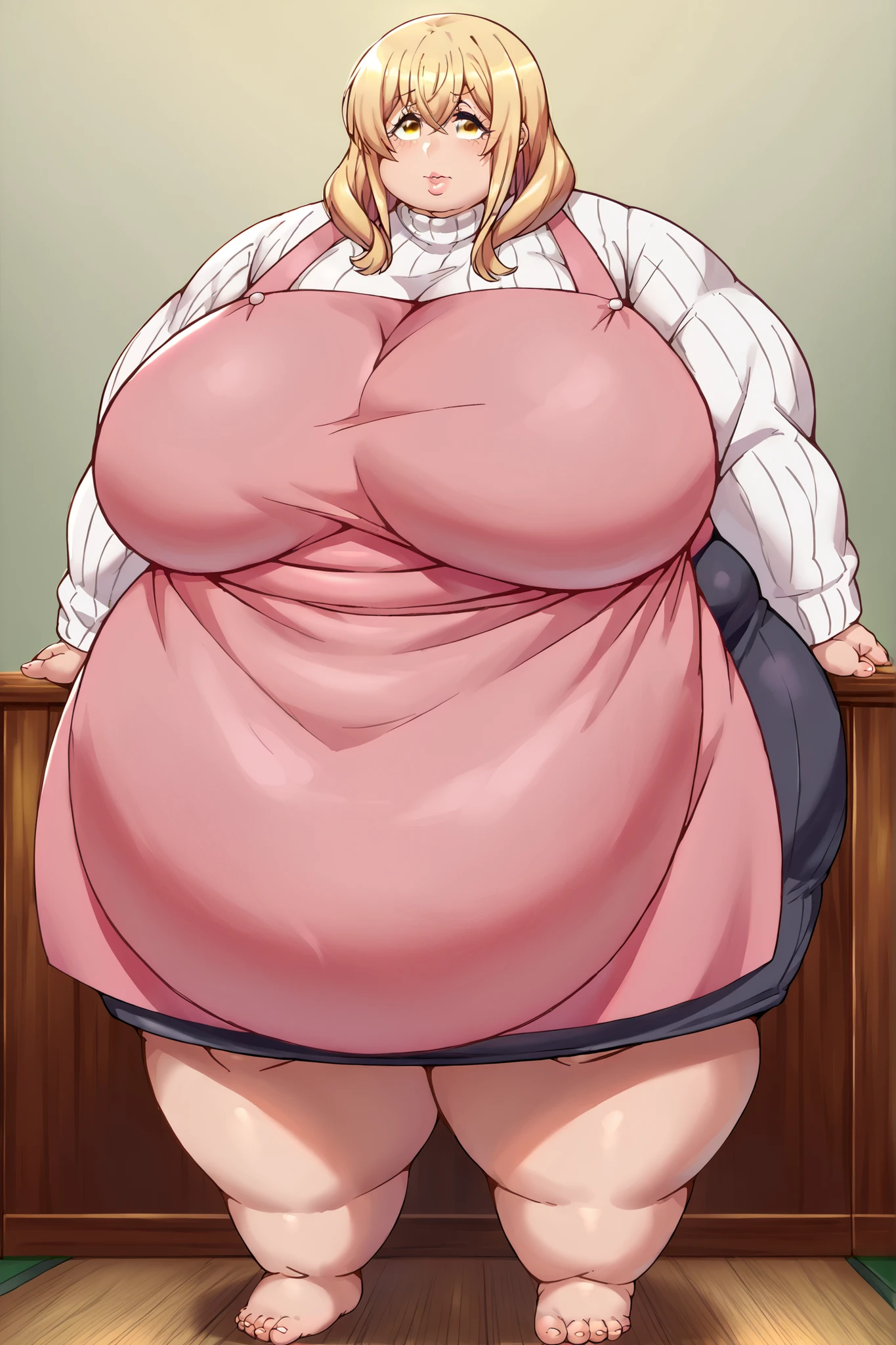 score_9, score_8_up, score_7_up, source_anime, ayaka sunohara, long hair, bangs, blonde hair, yellow eyes, mature female,, long sleeves, yellow eyes, large breasts, apron, sweater, turtleneck, ribbed sweater, turtleneck sweater, white sweater, pink apron, giant hands, giant feet, fat, chubby, obese, gigantic arms and legs, gigantic breasts, sagging breasts, full body shot, fat face, chubby face, double chins, big lips