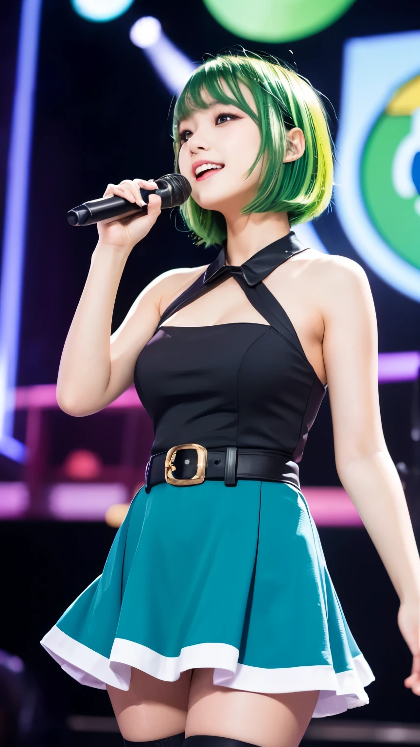 1woman, idol, bob cut, green hair, school swimsuit, live concert, guitar, swimsuit, live house