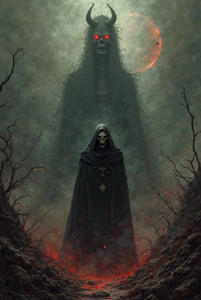 dystopian,Zdzisław Beksiński style,Black Skull Cave,Rained,up-close,Grandiose scenes,Marvel at the scene,Black metal skeleton zombie man,Wide shot, From below, From behind, Dutch angle,Blood flow,Scary atmosphere,Spooky atmosphere,MuCoi,Ultra-wide angle, Sony FE GM