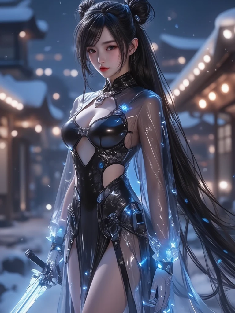 （future：2.0），（Silicone leggings：1.9），Ethereal Background，Mysterious atmosphere，RAW photos，16K，drama灯光，Colorful，high quality，Precise focus，4D Cinema，drama，Surreal illustration，Super detailed，absurd，Complex Mode， atmosphere，Ultra-high resolution， (Realistically:1.4)，(Fractal Art:1.3)，，（A woman looking sideways：1.8），（Half-length portrait：2.1），，LED Light，Bustling streets，night，Neon，