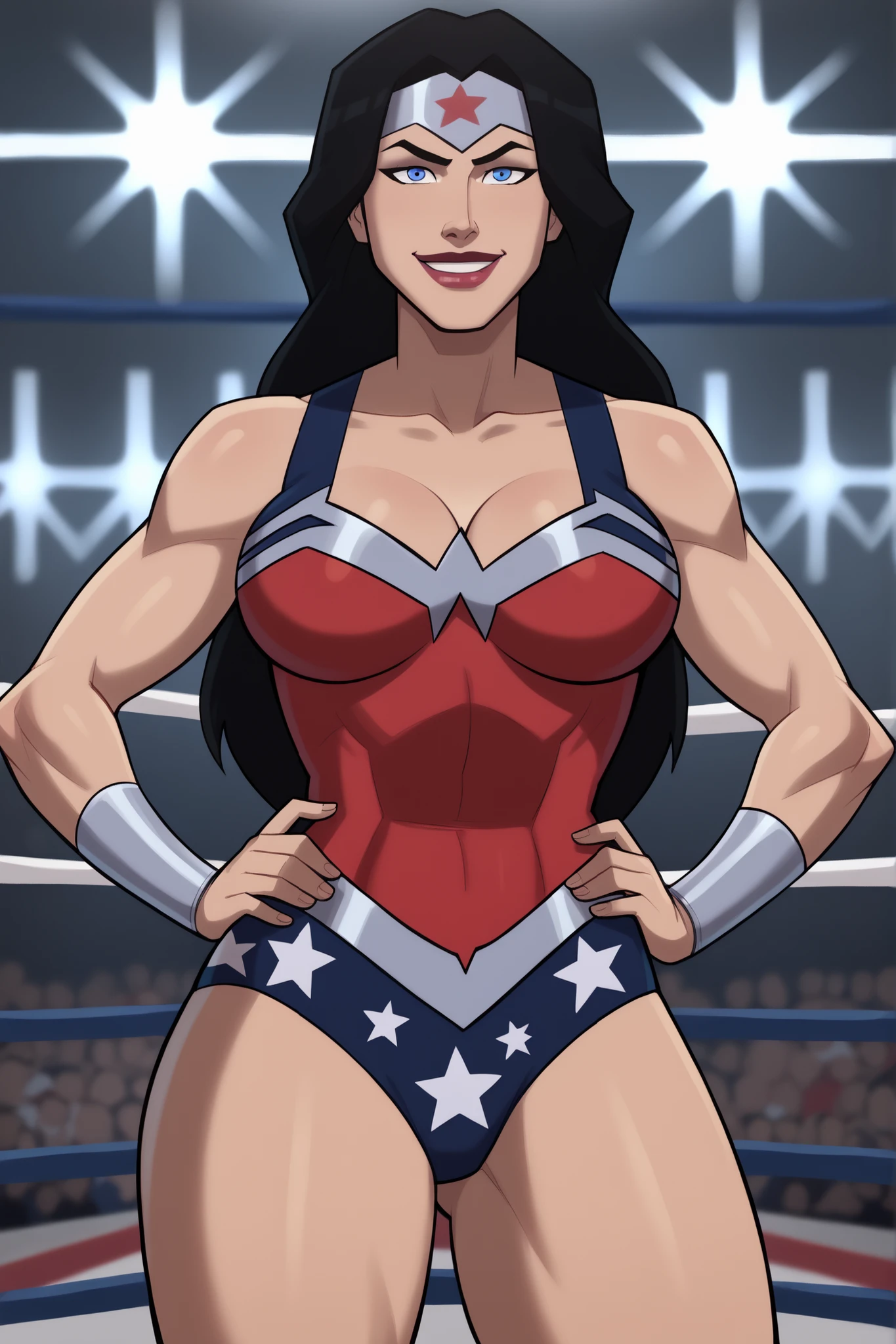 looking at viewer, smile, WWDiana, DianaHero, wonder woman, superhero, long hair, black hair, blue eyes, makeup, lipstick, bare shoulders,  score_9, score_8_up, score_7_up, score_6_up, 1girl, solo, large breasts, cleavage, curvy athletic, standing, hands on waist, model pose, happy expression, bedroom eyes, dark red wrestling singlet, wrestling ring, gym, indoors, star print 
