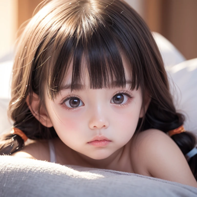 girl sitting, view from above, (fully body), kid, cute eye, pigtail hair, (black hair), (pink clothes), glad, glad, (blushed), (childish), perfect quality, Focus Clear (Clutter-House: 0.8), (work of art: 1.2) (realisitic: 1.2) (bokeh) (best qualityer) (skin detailed: 1.3) (details Intricate) (8K) (detailedeyes) (sharp focus), (glad)