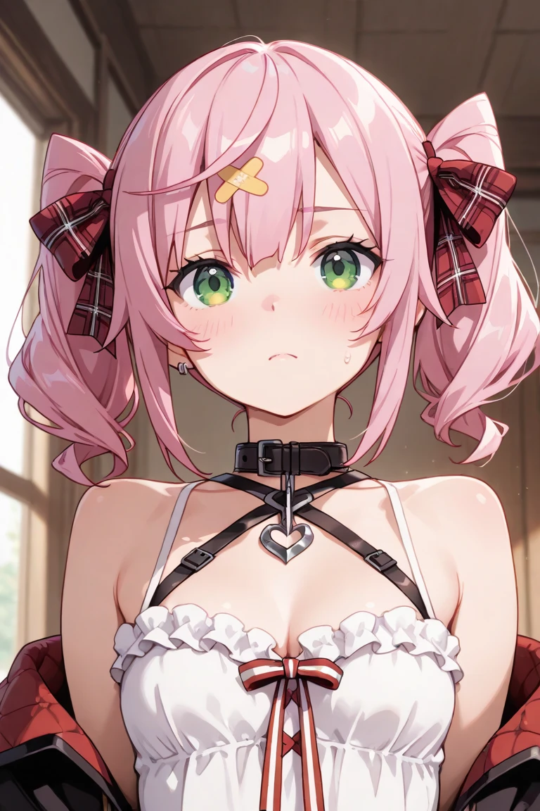 Cinematographic lighting、8K、masterpiece、 Best Quality、HAnd holding the head、1girl in、(kneeking、From above)、(Gonzo Deepthroat、thick penises、Wet 、And、Oral ejaculation、cum shots)、(toppless、Colossal tits、beautiful teats,The areol:1.4、calarsr、Pink hair、scapular、croptop、A bracelet、collars、red shoulder armor)、Cinematographic lighting、 nabel、(Dark Prison、Dark Dungeon:1.5) , the background is blurred、 Beauty、(red blush:1.3)、Climax in the body、male pubic hair、(Saliva: 1.2、close-up)、cum on cheek