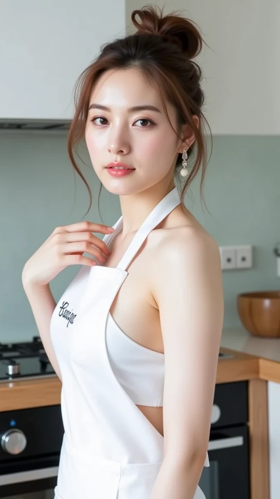 woman cooking,Woman in the back、wear naked kitchen_apron, good hand,fine skin, medium breasts, sweaty skin:1.2, (((In the kitchen)))