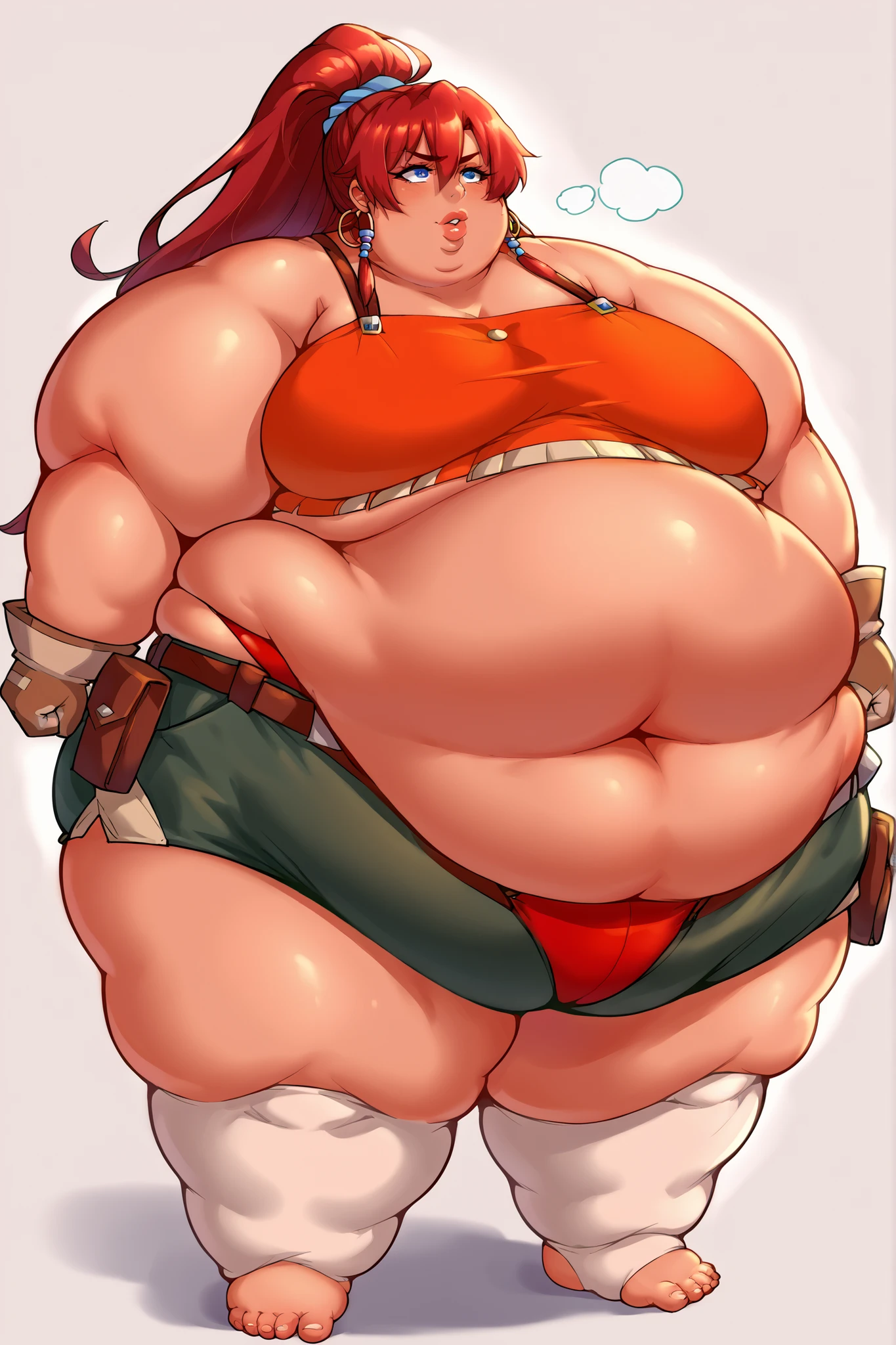 score_9, score_8_up,score_7_up, source_anime, 1girl, solo, outfitbllws, large breasts, long hair, red hair, blue eyes, ponytail,
jewelry, hoop earrings, armlet, blue scrunchie, hair beads,
tank top, orange shirt, crop top, green shorts, brown gloves, white thighhighs, short shorts, garter straps, tan, belt, belt pouch, red panties, taut clothes, taut shirt,
midriff, navel, bare shoulders, giant hands, giant feet, fat, chubby, obese, gigantic arms and legs, gigantic breasts, sagging breasts, full body shot, fat face, chubby face, double chins, big lips