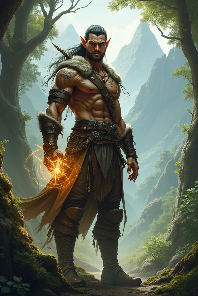 In the heart of a rugged mountain range, a formidable Earth Genasi warrior stands tall amidst the rocky terrain, his skin the color of weathered granite and his eyes like polished moonstones, glowing with an intense, otherworldly light. With braided hair resembling the sturdy roots of ancient trees, he exudes an aura of indomitable strength. Describe the scene as this mighty Earth Genasi warrior, with his steely gray complexion and piercing white gaze, faces his greatest challenge yet, battling foes amidst the rugged peaks and valleys, channeling the raw power of the earth itself to emerge victorious, ::black skin