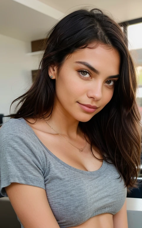 Beautiful latina girl with black hair wearing a Black t-shirt (in a room ), highly detailed, 22 years old, , , innocent face, natural wavy hair, blue eyes, high resolution, Masterpiece, Best quality, Intricate high detail, Highly detailed, Sharp focus, Detailed skin, realistic skin texture, texture, detailed eyes, professional, 4k, charming smile, shot on Canon, 85mm, shallow depth of field, Kodak Vision Color, Perfect Fit Body , extremely detailed, photography_\(ultra\), Photorealistic, Realistic, Post-processing, maximum details, roughness, real life, ultra realistic, Photorealism, photography, 8k UHD, photography, busty
