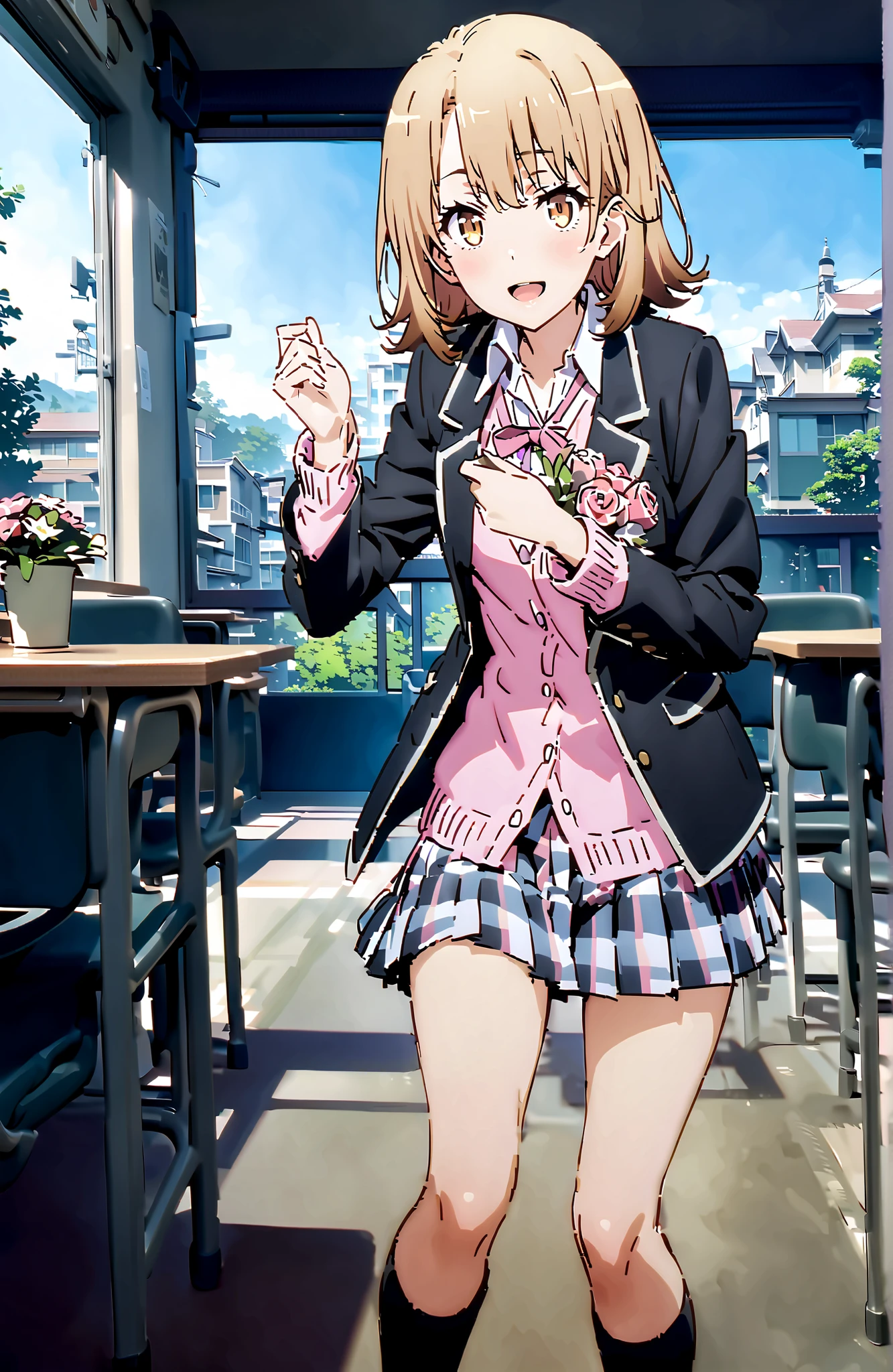 Irohaisshiki, Ishizaki Iroha, solo,short hair, brown eyes,brown hair,smile,blush,open your mouth,skirt for ears, shirt, ribbon, uniform, jacket, white shirt, opens clothes, open jacket, black jacket, plaid, plaid skirt for ears, blazer, cardigan, Black socks, pink cardigan, sobu high uniform, black high socks,Holding a bouquet with both arms,standing,Beautiful Scenery, Beautiful Streetscapes,noon,curtains,window,machine,chairs,blackboard,full bodyがillustrationsに入るように,break indoors, Classroom,
break looking at viewer,full body,
break (masterpiece:1.2), top quality, high resolution, Unity 8k 壁紙, (illustrations:0.8), (beautiful detailed eyes:1.6), Highly Detailed Faces, perfect lighting on the table, extremely detailed CG, (perfect hand, perfect anatomy),