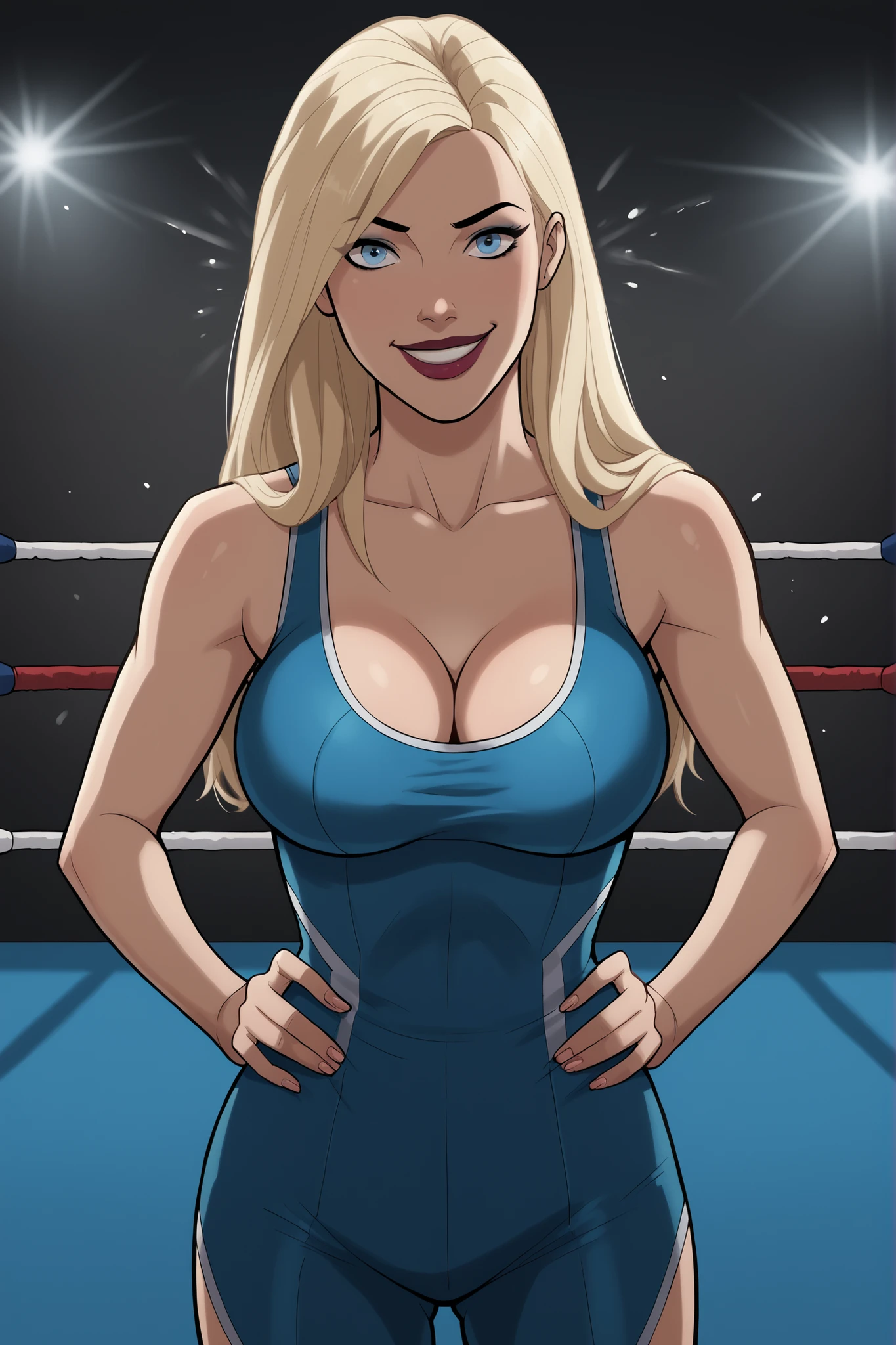 BREAK, safe_pos, score_9, score_8_up,score_7_up, score_6_up, 1girl, solo, blonde hair, long hair, blue eyes, large breasts, smile, makeup, lipstick, standing, looking at viewer, cleavage, curvy, athletic, hands on waist, model pose, happy expression, indoors, wrestling ring, gym, blue wrestling singlet