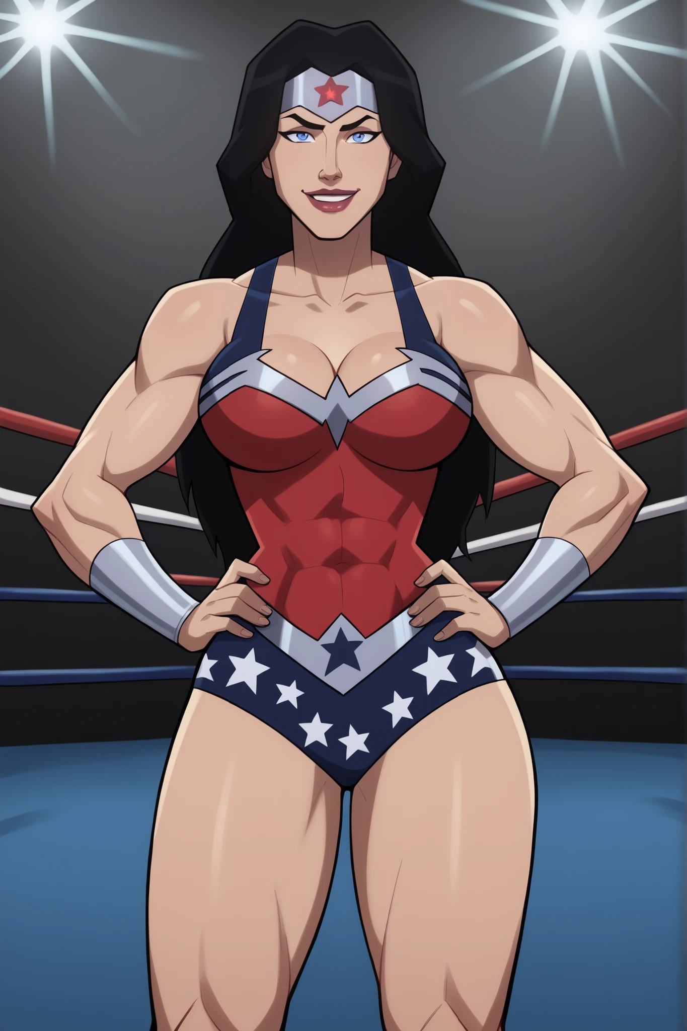 looking at viewer, smile, WWDiana, DianaHero, wonder woman, superhero, long hair, black hair, blue eyes, makeup, lipstick, bare shoulders, score_9, score_8_up, score_7_up, score_6_up, 1girl, solo, large breasts, cleavage, curvy athletic, standing, hands on waist, model pose, happy expression, bedroom eyes, dark red wrestling singlet, wrestling ring, gym, indoors, star print