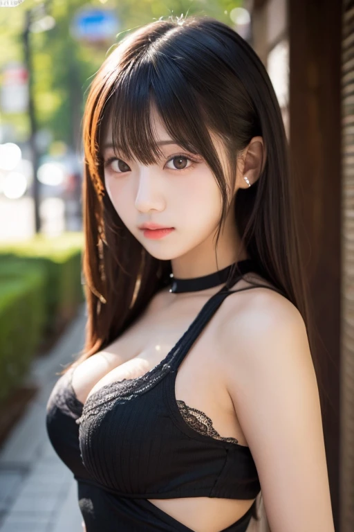 highest quality、masterpiece、超A high resolution、(Photorealistic:1.4)、Japanese 、 Pigtail Hair、Cleavage:1.2, Super detailed face、Red tie、Attention to detail、double eyelid、Put your chest together、Sharp focus:1.2、Beautiful woman:1.4、Highly detailed and professionally lit smile、Shoulder out、thin、Serious expression、whole body、Red underwear、garter belt、stockings、Long legs、 Sharp focus :1.2, Beautiful woman with perfect figure :1.4, (A wistful smile, Upward glance), thin腹筋 :1.1, ((Brown Hair, Big Breasts :1.2)), Highly detailed face and skin texture、Black choker around the neck、garter belt、Sleeping on a park bench