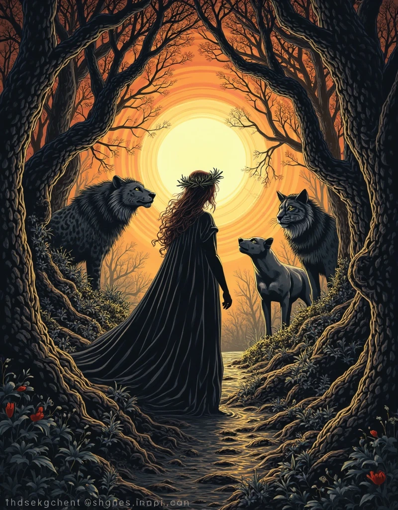 Gustave Doré style, woodcut, Sunset Shimmer as Dante Alighieri, in a dark wood, a leopard, a lion, a she-wolf