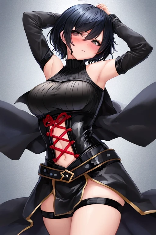 1girl, anime, cute girl, blank background, white background, fantasy, detailed fantasy dress with highlights, beautiful face, beautiful eyes, dark colors, black hair with multicolor streaks, red eye with different color pupil in eye, multicolor eye, medium small breasts (slightly big), slight cleavage, beautiful skin, cute, breast curtains, extremely delicate and beautiful, (beautiful detailed face:1.0), (detailed deep eyes), symmetrical breasts, deep eyes, shiny skin, portrait, slender waist, hips wider than shoulders, thighs, expressionless, young girl, luminous eyes, adorable,(Kpop idol),(aegyo sal:1),(Platinum blonde hair:1),((puffy eye)),Black panty,sexy posture,Superskirt, ultra high resolution,Black collar,slim figure, Abdominal y tattoo, womb tattoo,Tight-fitting leg ring,y tattoo on half-body,Bare skin, Armored hand,Hidden fingertips,Hand covered,Arm covered,Fist covered,{{beautiful detailed fingers}}, tufts of hair, moderate beautiful breast:1.0,(masterpiece:1.2), best quality, high-res, HDR, perfect face, intricate armor, delicate blue filigree, intricate filigree, red metalic parts, detailed part, dynamic pose, dynamic lights,