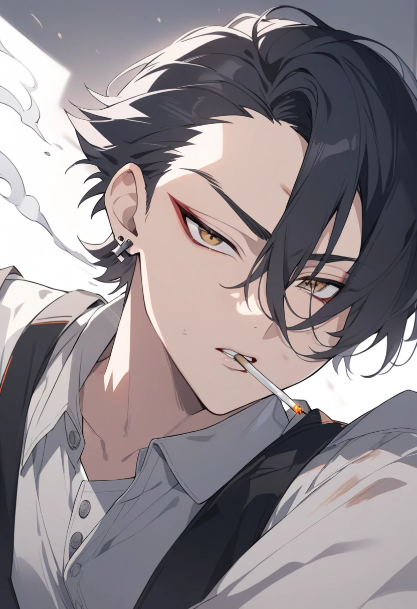 ((masterpiece, best quality), (anime), (close-up:1.36), (head-shot:1.36), (from front, facing front:1.15), (cigarette), 1man, male, solo, smoking a cigarette, black hair, facing front, facing front