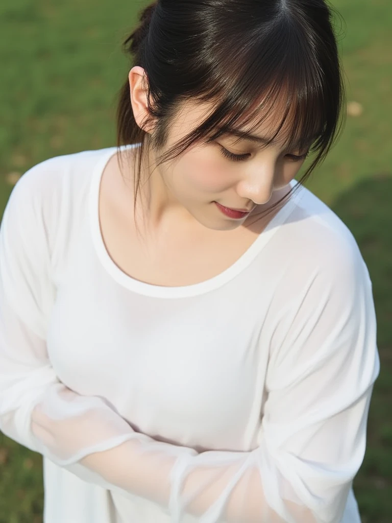Aerial view of a woman looking up at the sky。 She stands on the green grass、Spread your arms a little、Looking up with a calm and curious expression。 The woman is wearing a flowing white dress、It contrasts with the green background。 My hair is blowing in the wind、The sunlight casts a soft shadow。 The camera angle is from directly above her.、It emphasizes the vastness of the sky she sees and the sense of space.。