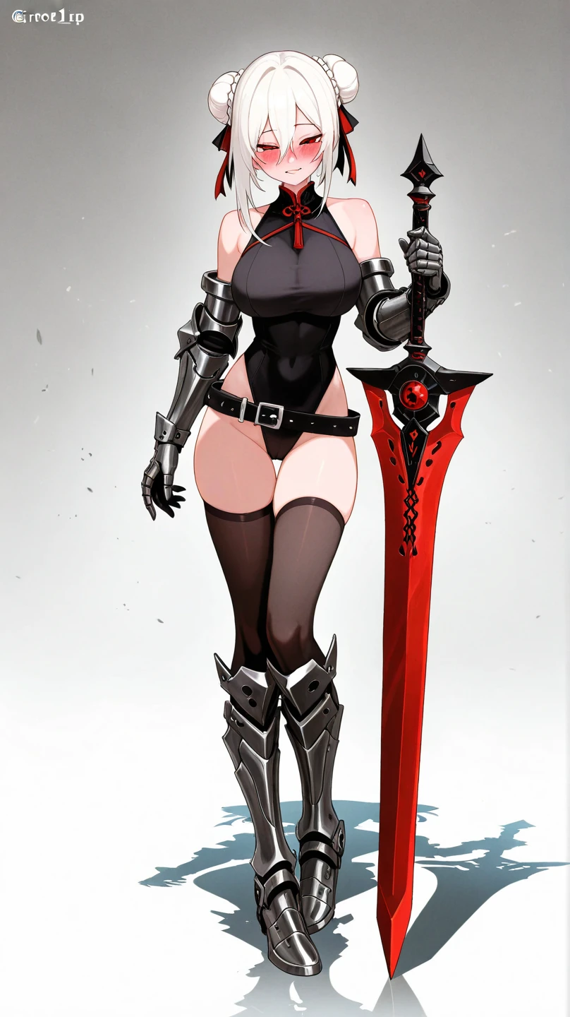 female, silver short hair, red eyes, dark skin, curved black horns, Dark Elf, (((1girl))), (((metal gauntlets))), (knee high metal heeled boots), (black bra), (black panties), (maroon quarter skirt), (brown belt), (black thigh high socks), cute and sexy, long legs, full body, large breasts, large butt, smirking, holding spear