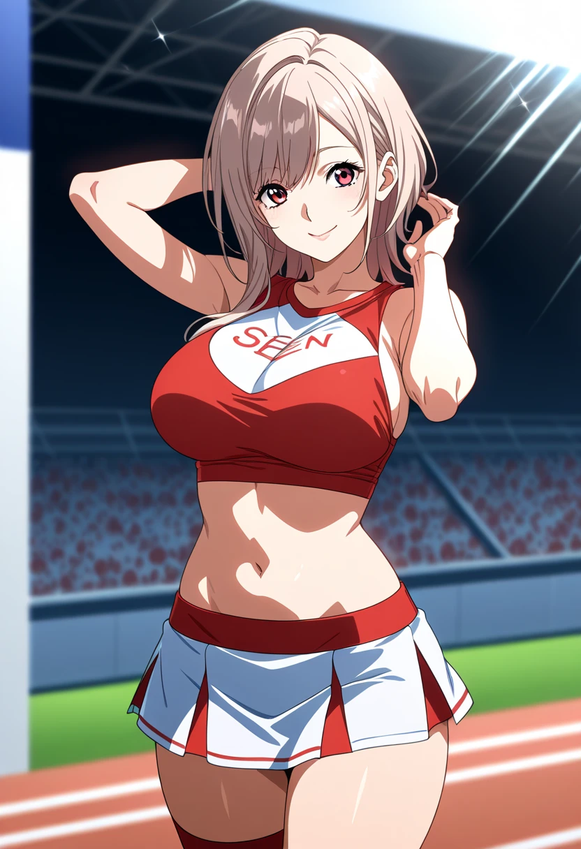 ((Masterpiece)), perfect anatomy, perfect shading, field of depth, (best quality), extremely delicate and beautiful, perfect lighting, detailed face, ultra cute face, cute, (cowboy shot 1.2), looking at viewer, full body, (((1girl))), (((solo))), cheerleader

 long hair, fluffy hair, brown hair, green eyes, ((blush))), embarrassed, surprised, (cheerleader uniform), (white tank top 1.2), (short section red skirt 1.2), thigh highs, chocker, extremely tight clothes, large breasts, cleavage, perky breasts, (((wide hips))), ((thick thighs)), ((big butt)), ((plump)), chubby belly, fat rolls, belly hang, she has a jiggly belly,

 fast food restaurant, intricate background, detailed background, sweaty, 
