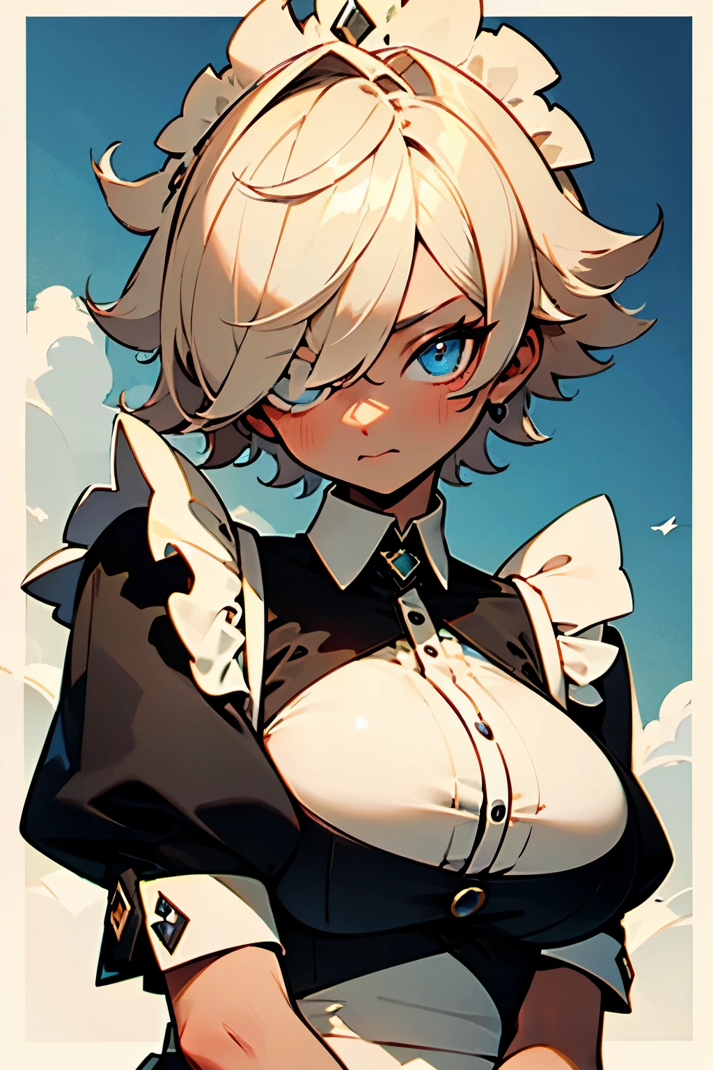 ((best quality)), ((masterpiece)), (detailed), perfect face, tanned, tomboy, short hair, maid, Sky Blue eyes, cream_hair_color, colored_skin, Big_breasts, hair_over_one_eye, closed_mouth, cool, tall, straight hair