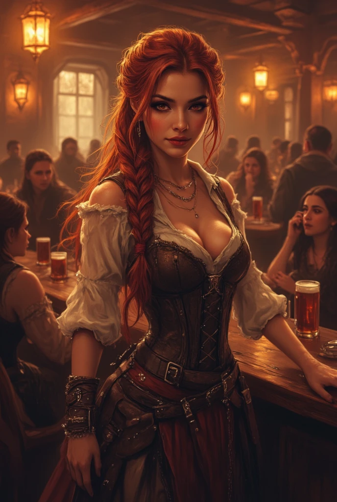 best quality, masterpiece, 1girl,cowboy shot of beautiful miss fortune <lora:Miss_fortune:0.4>, casual clothes, red hair, tavern background, beautiful, intense sunlight, stunning woman, detailed, sharp focus, dramatic, cinematic lighting