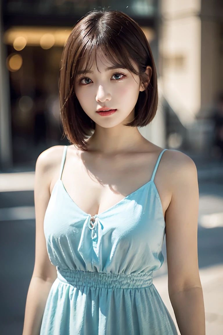 8k, Ultra-high resolution, highest quality, masterpiece, Surreal, photograph, 1 girl, (16 years old:1.3), pretty girl, Cute face, Beautiful eyes in every detail, Japan Female Announcer、Across the road 、pedestrian crossing,smile,Overalls,sneakers,Short Bob,Looking at the audience、beauty,Long neck、Laugh a little、Please close your mouth and laugh、(((Ideal body type))),A-cup small breasts :2,Portraiture:2、Perfect Anatomy、鮮明なdetailed、detailed、Surreal、Light and shadow,Strong light,Fashion magazine cover,Thin lips