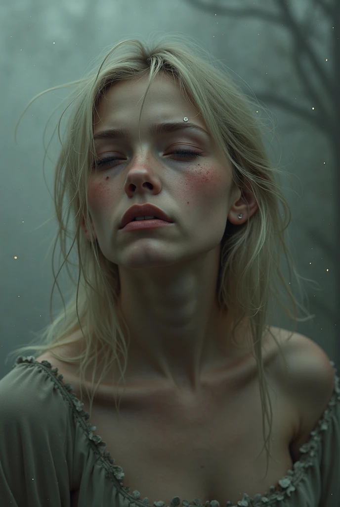 Cadre de corps mince, Fetal position, in an unearthed grave, Cinq grands yeux, peau blanche fantomatique, Realstic, androgyne, Pluton, 1girl, solo, long hair, looking at viewer, white eyes, empty eyes, long white hair, shed, sparse hair, no humans, old, ghost, fog, portrait, horror (theme), (((blurry))), masterpiece, high quality, realistic, detailed, 8k, horror theme, Negative prompt