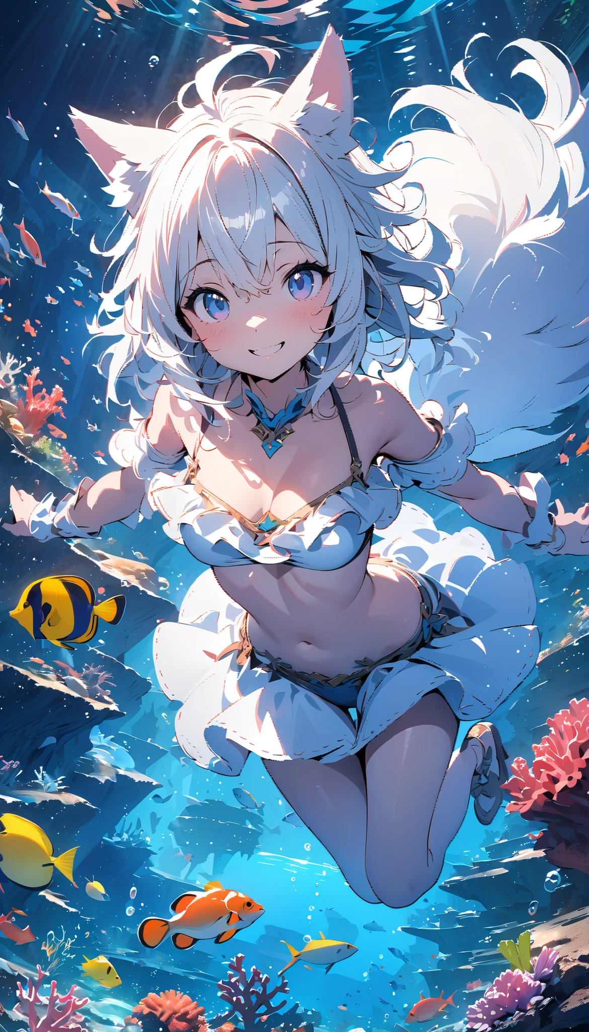(highest quality:1.2, Very detailed, up to date, Vibrant, Ultra-high resolution, High Contrast, masterpiece:1.2, highest quality, Best aesthetics), Portraiture、girl、singer, solo, ((25-years-old:1)), (skin diving ,marine diving,underwater,in the aquarium,swimming with dolphine),  Bright colors, Beautiful fine details、Beautiful lip detail、midium wave hair、red and white ((streaked hair:1.6)), highlights hair: 1.5, red eyes, slim body, meddium breast, (tan skin:1.1), ((micro bikini)), (Floral Fineline tattoo design on left arm:1), put one hand on the waist, (cowboy shot:1),