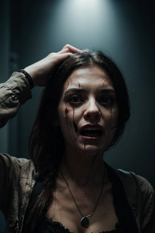 scary,zombie girl,walking dead,(best quality,4k,8k,highres,masterpiece:1.2),ultra-detailed,(realistic,photorealistic,photo-realistic:1.37),dark atmosphere,mysterious lighting,horror genre,creepy,decayed flesh,blood splatters,rotting clothes,sharp teeth,empty eyes,horror movie scene,abandoned street,post-apocalyptic setting,horde of zombies,horror makeup,haunting expression,undead creatures,eerie shadows,ominous atmosphere,disturbing,terrifying,nightmare-inducing,macabre artwork,dark and twisted,horror masterpiece,sinister,ghoulish,evil presence,creepy scenery,horror-themed art,frantic screams,spooky ambiance.