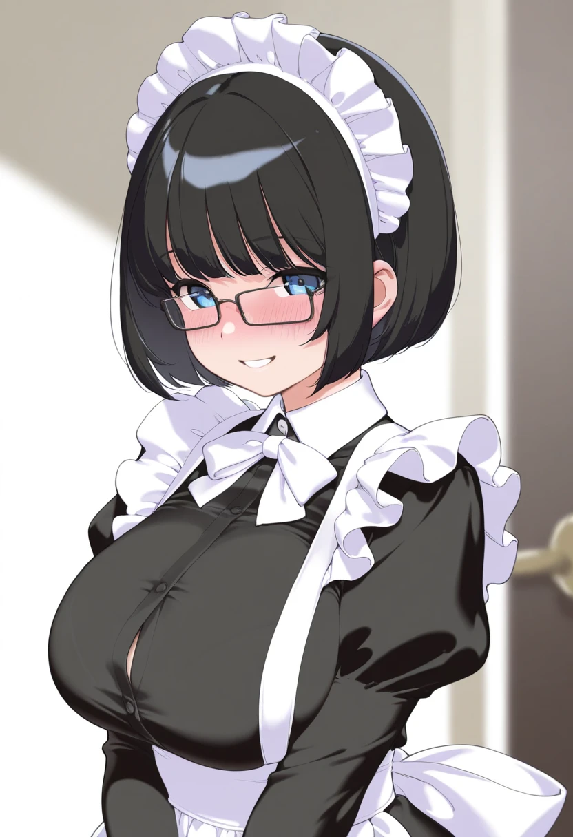1girl, gorgeous girl , kawai girl , cute face, cute smile, cute cheeks , vampire teeth, elves ears, beautiful eyes, specs , black hair, bangs , (((short fluffy hair))) , ((maid outfit)), ((large saggy breast)), (((cleavage))), bend forward ,wet body, standing , (slim fit), pose , boob focus , boob focus, dark background