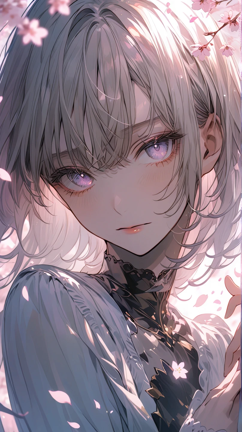 masterpiece, best quality, night, Full Moon, A girl, Mature woman, A pitying gaze, Silver-white hair woman, Light pink lips, calm, clever, Three bands,Precise gray pupils, Sad Assassin, Short knife, Flower ball background, Hand details, Finger details, Facial details, Eye details,
