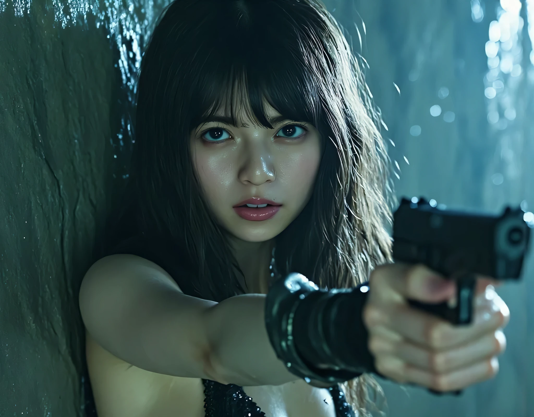 (((On the rocky surface of the moon:2.0))),(((HR Gigger style cyberpunk atmosphere:2.0))),(((Hold a cyberpunk-style pistol:2.0))),(( pointing a muzzle at the viewer :2.0)),standing,((full body:2.0)),one woman,(cute face:2.0),(Beautiful well-balanced face :2.0),((long hair with bangs:2.0)),(wavy black hair:1.5),(Beautiful Eyes:1.3),glamorous shot of a 20-year-old Japanese woman,Beautiful slender body,((model body type:2.0)),((slim body:1.7)),perfect body line,Ideal Proportions,((small breasts:2.0)),((Three sizes 84-55-85:2.0)),((B-cup breasts:1.5)),beautiful breasts,((Underboob:2.0)),Bare thighs,Sensual Thighs,delicate body,(muscular:1.7),harmonious posture,((Realistic breast depiction :1.7)),carefully depict limbs based on perfect anatomy,(((Perfect Naked:2.0))),((A futuristic bodysuit in the same color as your skin:2.0)),((体にフィットした透明なfull bodyボディスーツ:2.0)),(((Tactical Holster:2.0))),((((Coarse mesh fishnet stockings:2.0)))),((No nipples:2.0)),concept art,(top quality:1.5),(masterpiece:1.5),(超高resolution),resolution,UHD,(delicate depiction),carefully drawn,32k,((realistic skin texture:1.5)),(((super realistic:1.5))),carefully draw eyelashes,Highly Detailed Faces,Highly detailed female hand, Sexy appearance ,Extremely Sensual,(Blurry Dim Backgrounds :1.5),Professional Photography,(movie lights:2.0),((Blade Runner style lighting:2.0))
