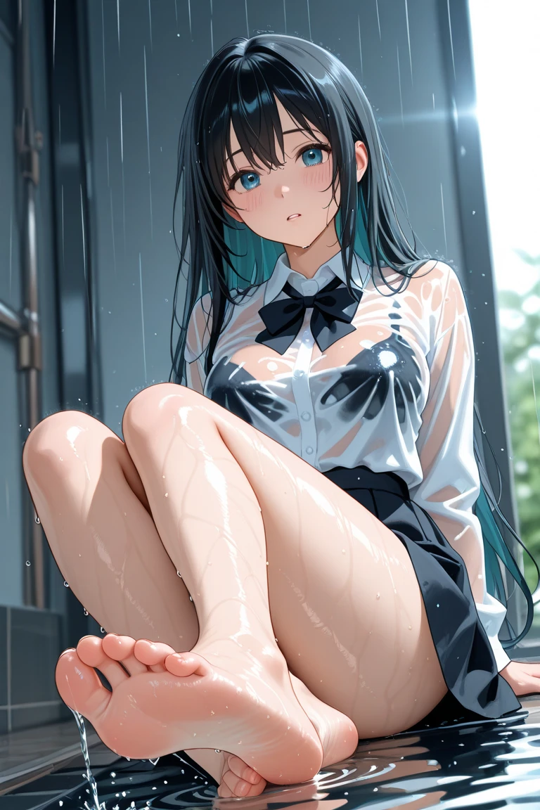 (Master parts:1.2, Best quality), (Real Scene, intricately details), 1lady, Solo, Sitting, show legs, expose feet,Show solo,mid hair,High ponytail,minimal makeup, Natural fabrics,facial closeups,Smile, Face traversal,White stockings, Feet in front of the camera,Black hair, unclear, rim, Frangana dough,Blue eyes,Cardigan, the pleated skirt,Middle breast,Mature body, Facing Madura, Detailed face, Correct foot anatomy, Foot anatomy, Sexy feet,Sweaty,water dripping, Feet pointing to the audience, Walk away, detailed feets, Correct foot anatomy,The ball breaks