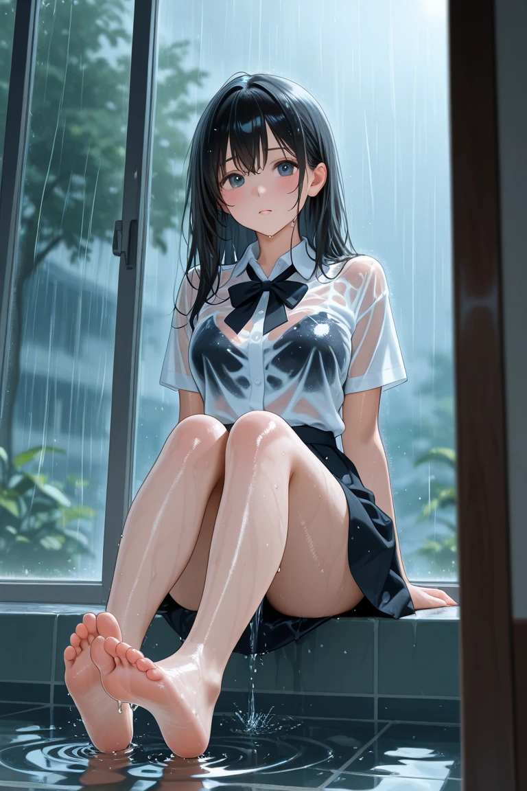 ((high quality, 8k, 4K, High Contrast, masterpiece:1.2, highest quality, Best aesthetics)),cowboy shot,1 female,((beautiful and cute woman,beautiful detailed face and eyes,big gorgeous eyes)),The perfect 25 years old, Japanese、Black Hair、Straight hair,short bob hair,bangs,Anxious expression、tears,oily skin, gleaming skin,(medium breasts,small face:1.4,slender body,skinny),((Wet with rain、Wet clothes)),white formal shirt、Short sleeve、Black tie、Pleated black mini skirt、Black panties、barefoot,Black sneakers、I stumbled and fell、Lying on a puddle,Heavy rain、on street,Tokyo,at night、(Textures and environments、Professional photos、Perfect lighting).