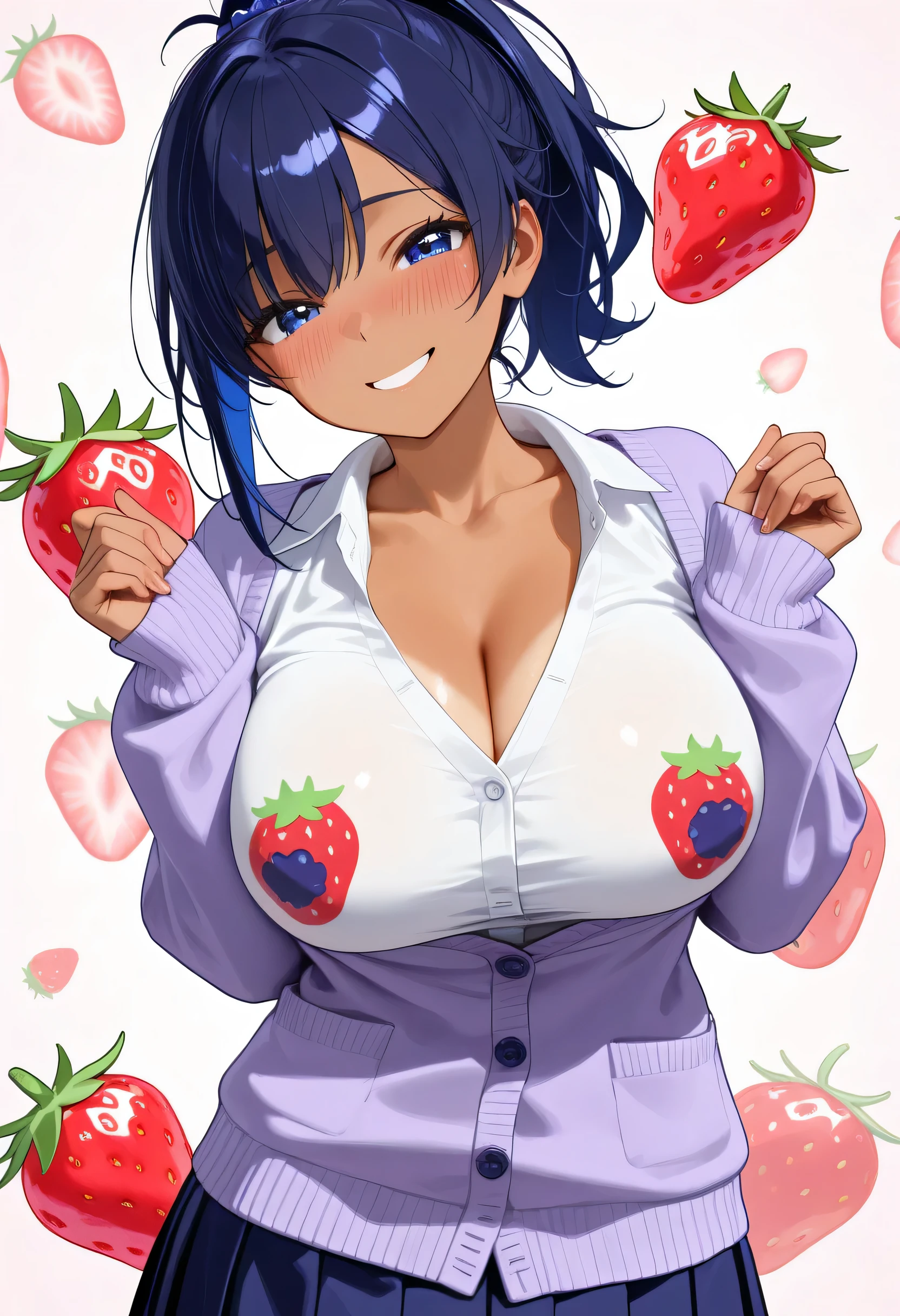 Mr.々flutters through the air,active beauty,purple cardigan,pleats skirt, Facing Front,20 years old,centerline,darkblue hair, short hair,long ponytail,darkblue eyes,tanned skin,large breasts, beautiful breasts, pointy breasts,blushing face,winks at the end,flying smile,((flying strawberry)),((Flying blueberry)),((flying blackberry)),